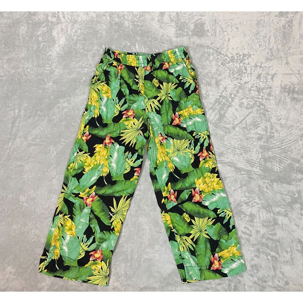 Nicole Miller Tropical Wide Leg Linen Blend Pants Elastic Waist Pockets Size XL